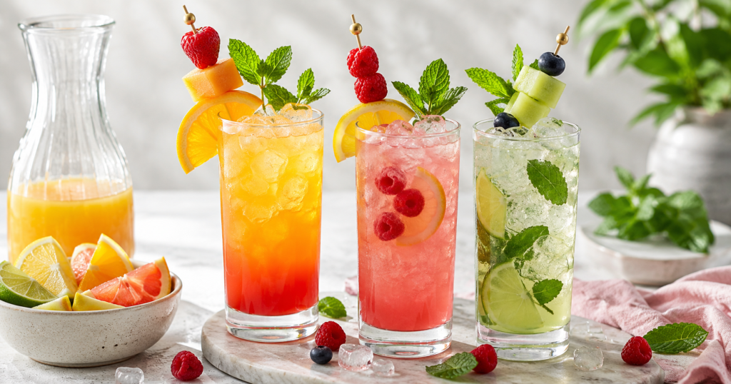 Drei hohe Gläser mit alkoholfreien Cocktails auf einer Marmorplatte: ein orangefarbener Drink mit Orangenscheibe und Himbeer-Melonen-Spieß, ein rosafarbener Drink mit Zitronenscheibe und Himbeeren sowie ein grüner Minz-Limetten-Drink mit Limettenscheiben und frischer Minze. Daneben eine Karaffe mit Orangensaft, eine Schale mit Zitrus- und Melonenspalten, Crushed Ice, Himbeeren und Minzblätter vor hellem Hintergrund.