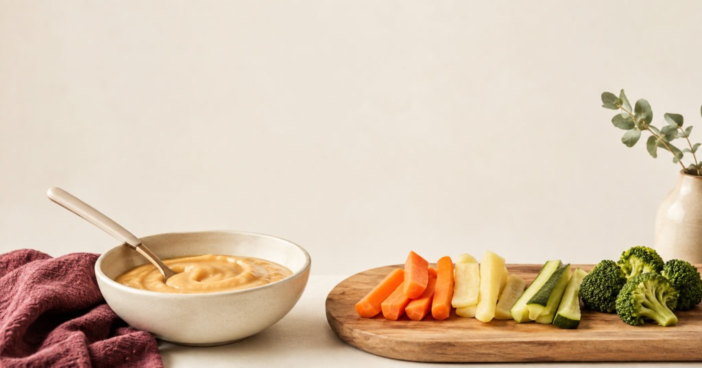 Links eine Schale mit glattem Gemüsepüree und Löffel, rechts ein Holzbrett mit weich gedämpften Gemüsesticks aus Karotte, Kartoffel, Zucchini und Brokkoli