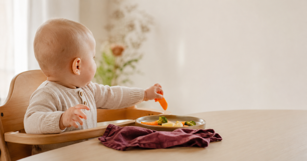 Etwa sieben Monate altes Baby sitzt aufrecht in einem Holz-Hochstuhl am Esstisch und greift nach einem Stück Gemüse von einem Teller