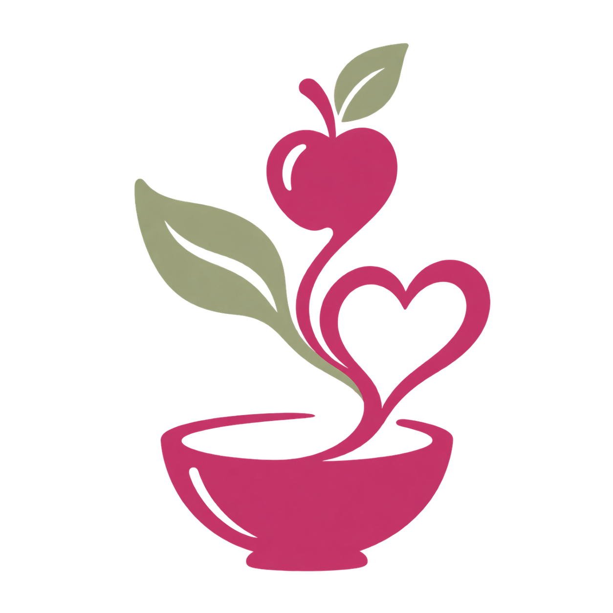 Logo Herzenssache Kinderernährung: Schale mit herauswachsendem Blatt, Apfel und Herz in Beere und Salbeigrün